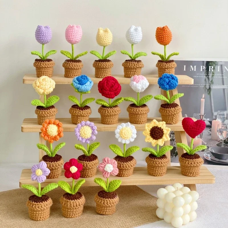 Plant Pot Small Desk - Crochet Hand-Made By Artificial Flowers Potted