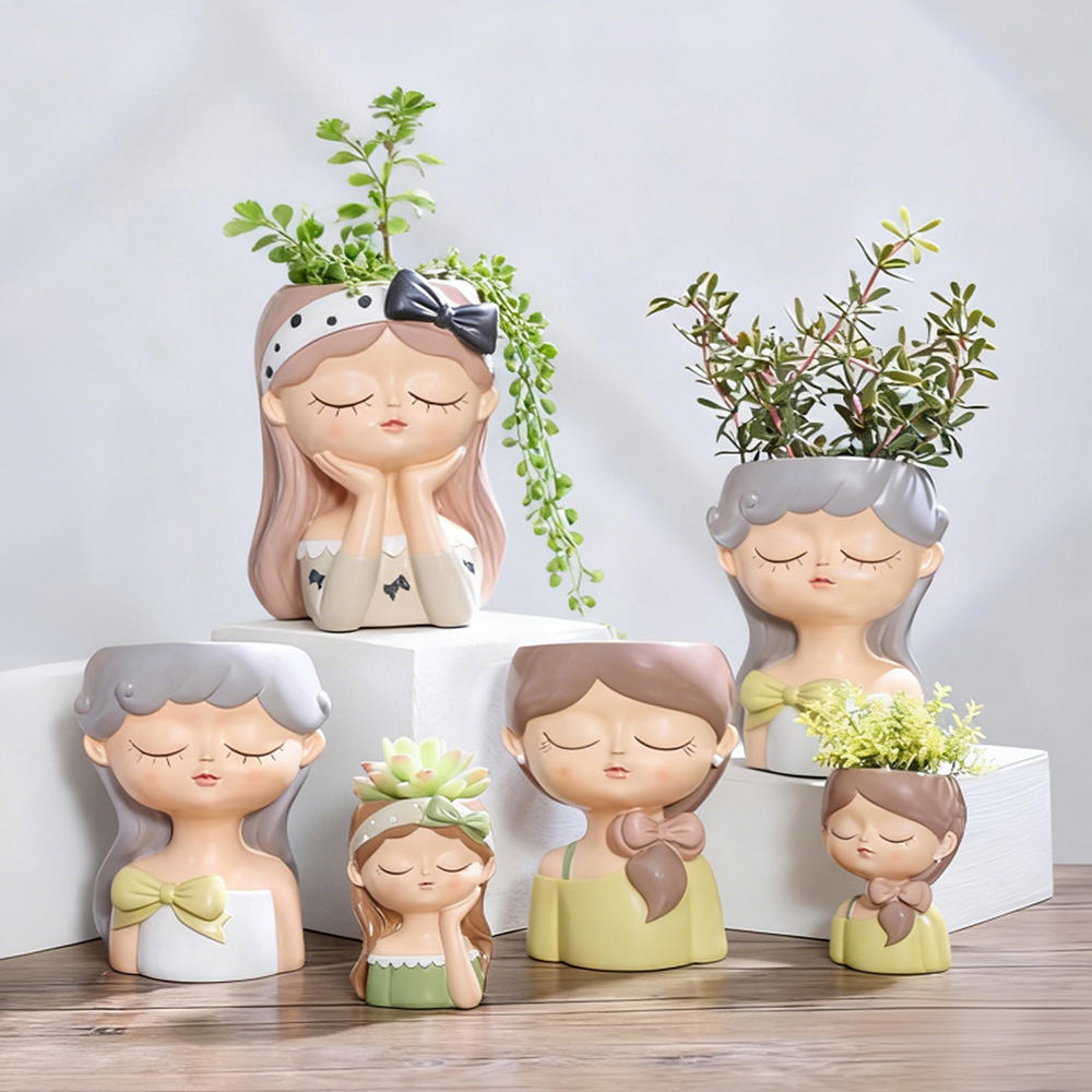 Plant Pot Small Desk - Cute Girl Small Plant Pot Resin
