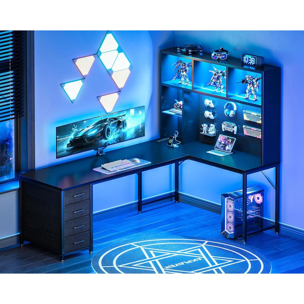 71 L-Shaped Gaming Desk with H - مراجعة Desk Setup Black وسعره