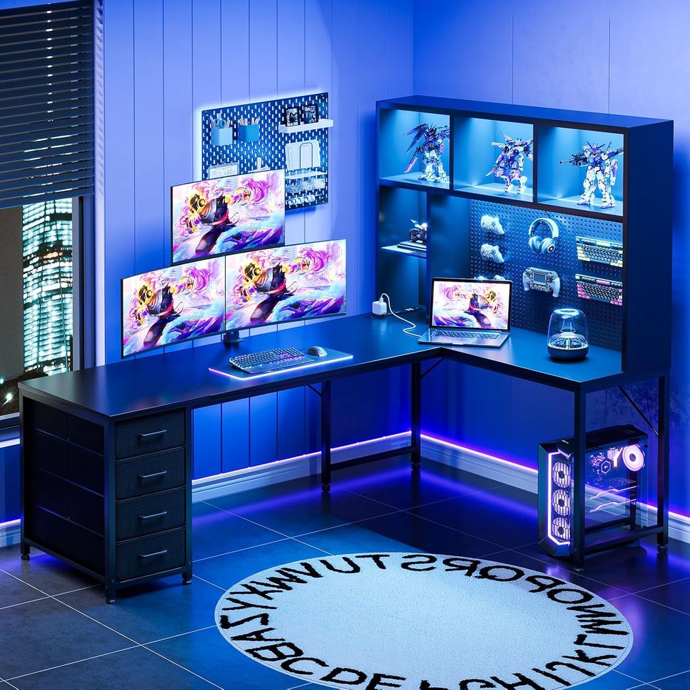 71 L-Shaped Gaming Desk with H - مراجعة Desk Setup Black وسعره